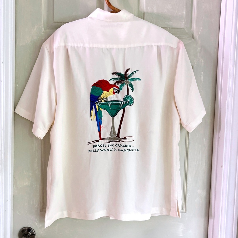 Caribbean Camp Shirt XL Mens Embroidered Parrot Margarita Cream Aloha Shirt
